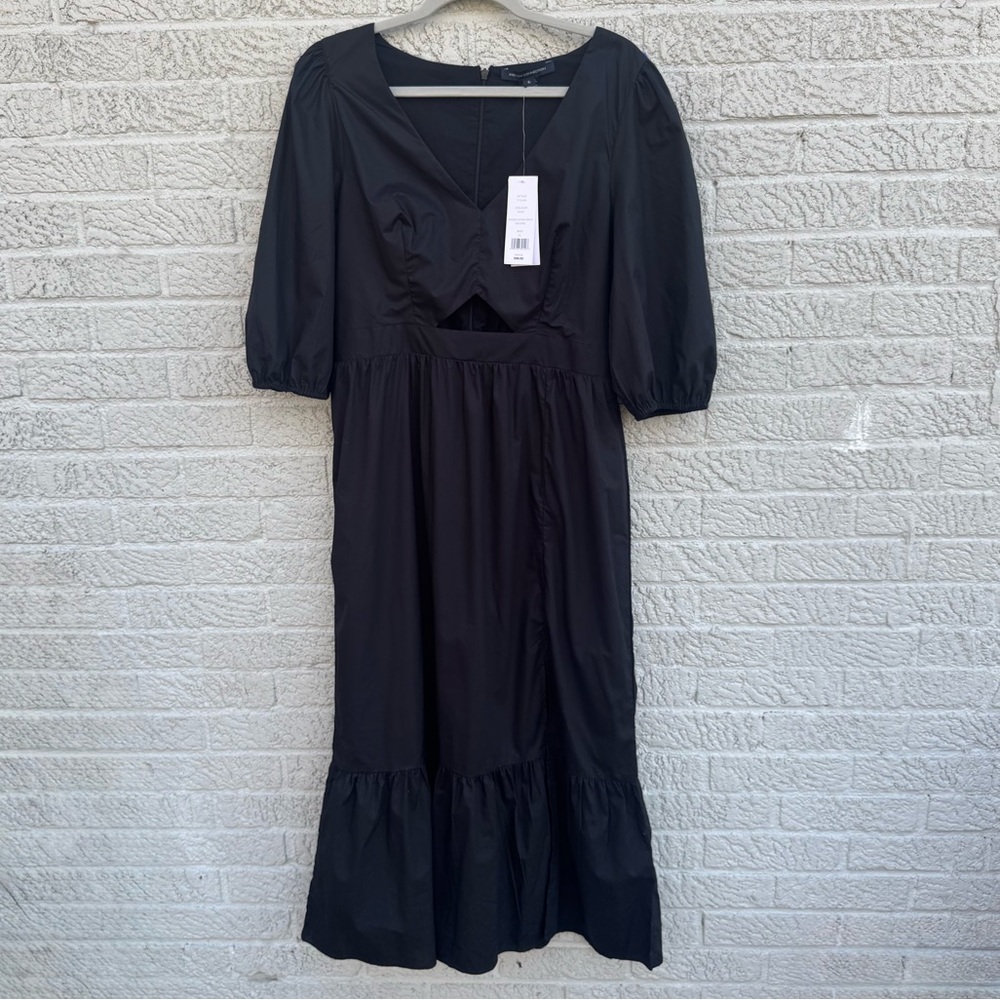 French Connection Rhodes Cotton Poplin Midi Dres Black XL NWT Cutout Puff Sleeve